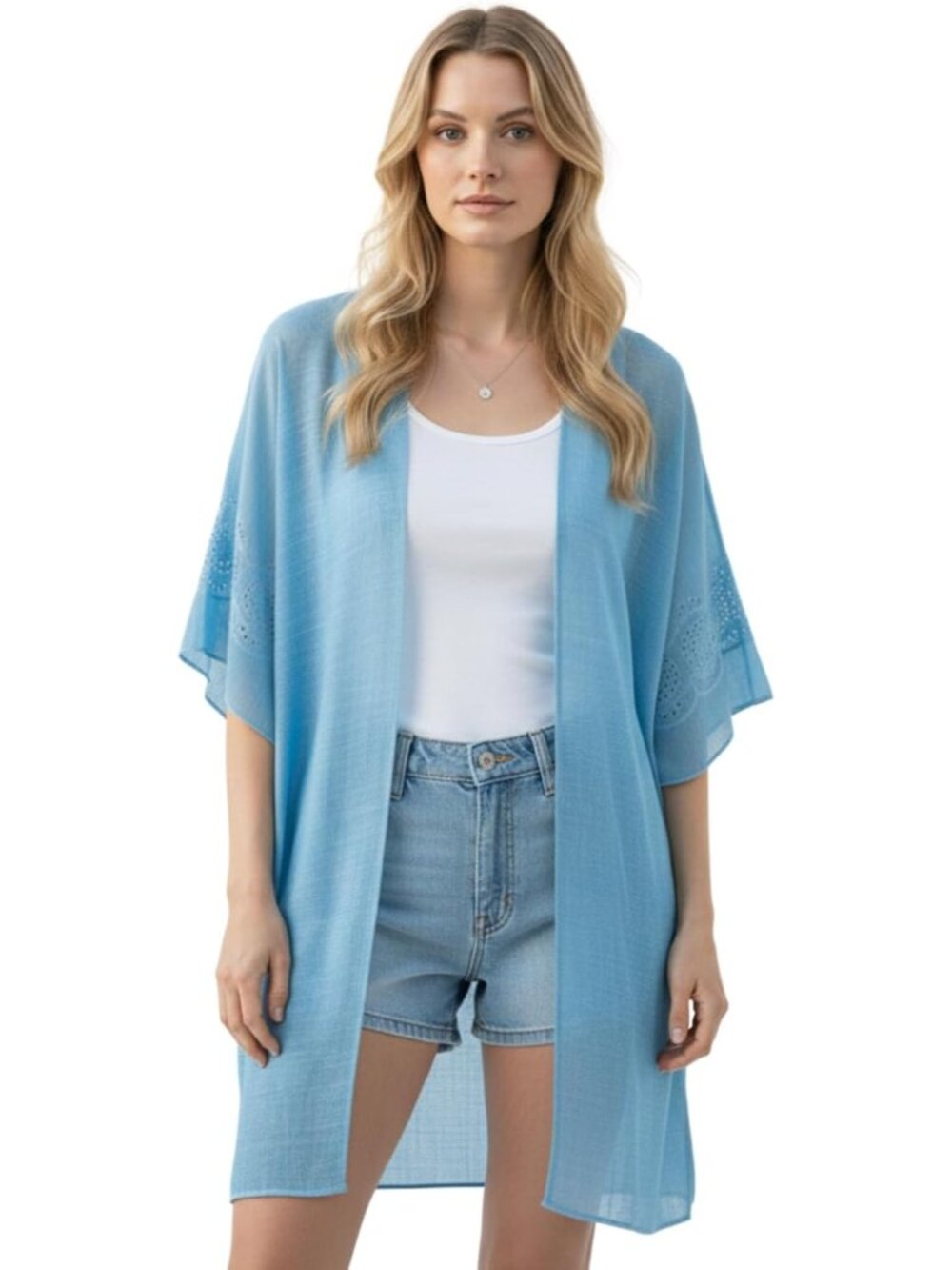 Women Rz Blue Embro Viscose Summer Lightweight Boho Kimono Cardigan Cover ups